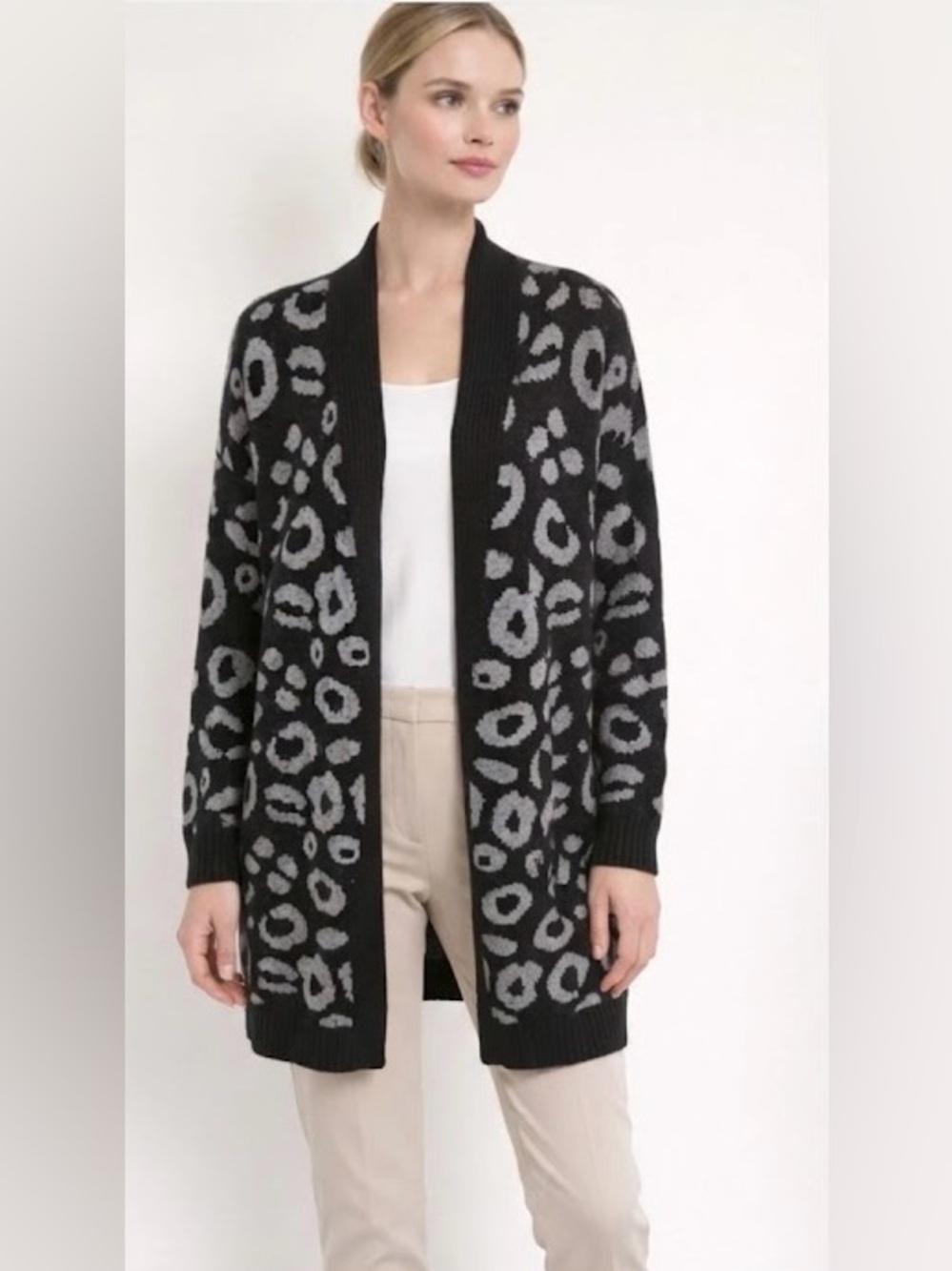 InCashmere Open Cardigan in Black & Gray Leopard Sz L